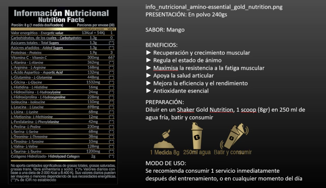 GOLD NUTRITION Amino Essential 240 Gramos - Imagen 3