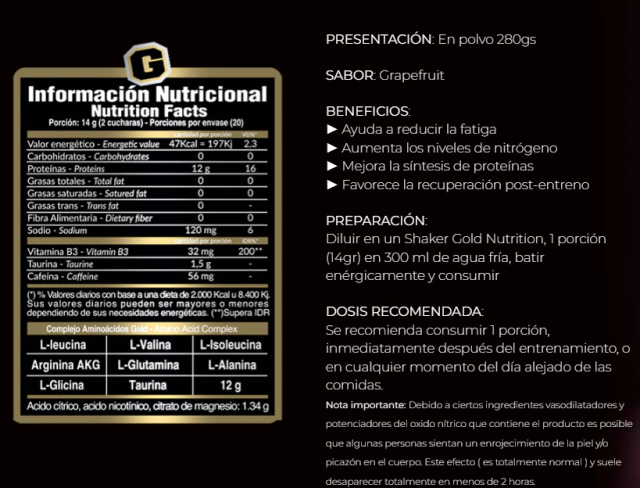 GOLD NUTRITION Amino Gold 280 Gramos - Imagen 2
